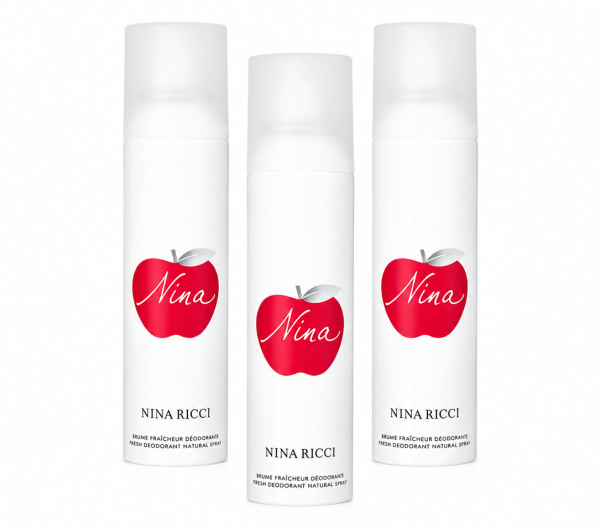 Three 150ml bottles of Nina Ricci Nina Deodorant Spray for Her, featuring a white design with a red apple logo and "Nina" text, displayed upright against a white background.