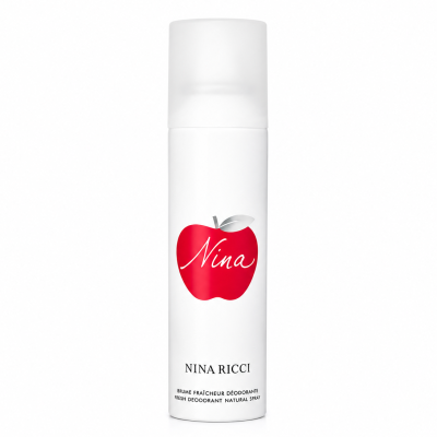 A white spray can featuring a red apple graphic labeled "Nina," with the brand name "Nina Ricci" below, reading "Déodorant Naturel Spray." Product: 3x Nina Ricci Nina Deodorant Spray for Her 150ml.