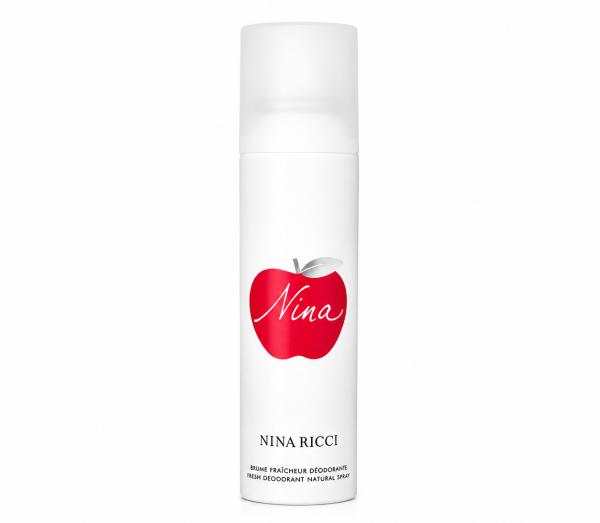 A white spray can featuring a red apple graphic labeled "Nina," with the brand name "Nina Ricci" below, reading "Déodorant Naturel Spray." Product: 3x Nina Ricci Nina Deodorant Spray for Her 150ml.