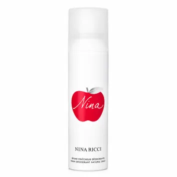 A white spray can featuring a red apple graphic labeled "Nina," with the brand name "Nina Ricci" below, reading "Déodorant Naturel Spray." Product: 3x Nina Ricci Nina Deodorant Spray for Her 150ml.