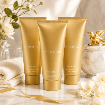 Three 200ml tubes of Nina Ricci L’air du Temps shower gel are displayed on a marble surface alongside white flowers, a towel, and a gold bird ornament in the background.