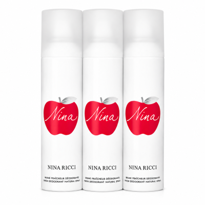 Three cans of Nina Ricci Nina Deodorant Spray for Her (150ml each) featuring white packaging with red apple graphics and "Nina" text are displayed side by side against a white background.