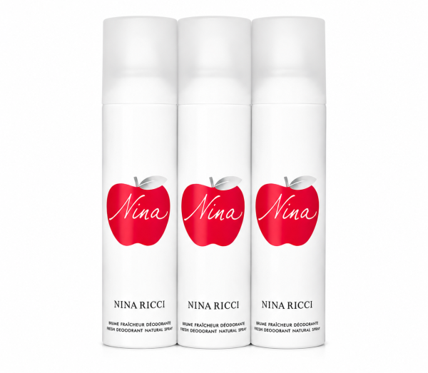 Three cans of Nina Ricci Nina Deodorant Spray for Her (150ml each) featuring white packaging with red apple graphics and "Nina" text are displayed side by side against a white background.