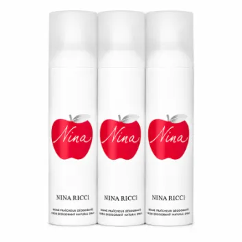 Three cans of Nina Ricci Nina Deodorant Spray for Her (150ml each) featuring white packaging with red apple graphics and "Nina" text are displayed side by side against a white background.