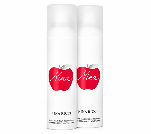 Three white Nina Ricci deodorant spray cans, each featuring a red apple graphic and "Nina" text on the front, are arranged side by side on a white background. Each can is labeled "Nina Ricci" and contains 150ml.