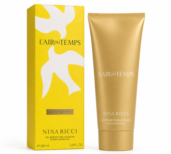 A set of three Nina Ricci L’Air du Temps Shower Gels, 200 ml each, in gold tubes and yellow boxes featuring a white dove design.