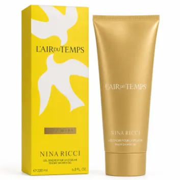 A set of three Nina Ricci L’Air du Temps Shower Gels, 200 ml each, in gold tubes and yellow boxes featuring a white dove design.
