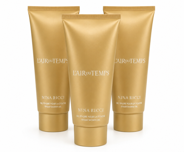 Three gold tubes of 3x Nina Ricci L’air Du Temps Shower Gel 200ml stand upright against a white background.