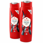 Two red bottles of Old Spice Deep Sea shower gel with minerals, featuring a black and white aquatic design and a recyclable label on the cap.