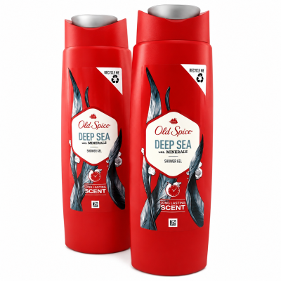 Two red bottles of Old Spice Deep Sea shower gel with minerals, featuring a black and white aquatic design and a recyclable label on the cap.