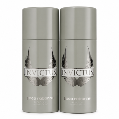 Two grey cans of Paco Rabanne Invictus deodorant spray are standing side by side, featuring a silver winged logo and product branding on the front.