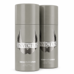 Two grey cylindrical Paco Rabanne Invictus deodorant spray cans are placed side by side against a white background.