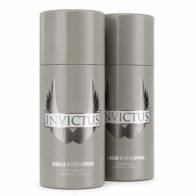 Two grey cylindrical Paco Rabanne Invictus deodorant spray cans are placed side by side against a white background.