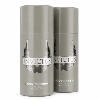 Two grey cylindrical Paco Rabanne Invictus deodorant spray cans are placed side by side against a white background.