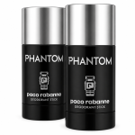 Two black deodorant sticks labeled "Phantom" by Paco Rabanne with silver caps are shown against a white background.