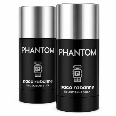 Two black deodorant sticks labeled "Phantom" by Paco Rabanne with silver caps are shown against a white background.
