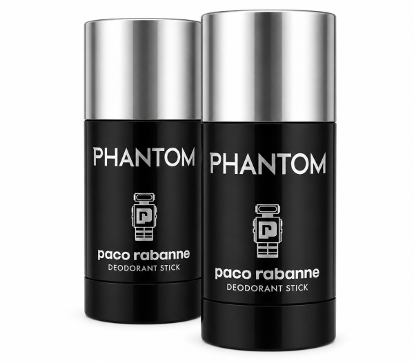 Two black deodorant sticks labeled "Phantom" by Paco Rabanne with silver caps are shown against a white background. Two black deodorant sticks labeled "Phantom" by Paco Rabanne with silver caps are shown against a white background.