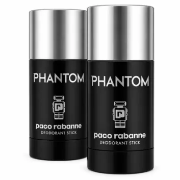 Two black deodorant sticks labeled "Phantom" by Paco Rabanne with silver caps are shown against a white background.