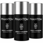 Three black Paco Rabanne Phantom deodorant sticks with silver caps are standing side by side against a white background.