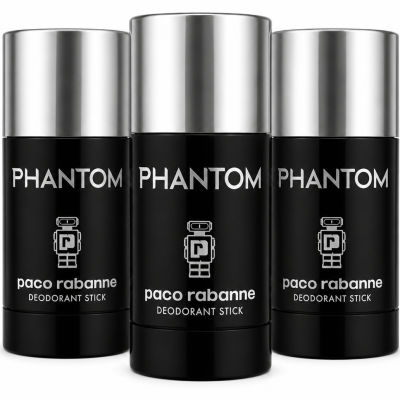 Three black Paco Rabanne Phantom deodorant sticks with silver caps are standing side by side against a white background.