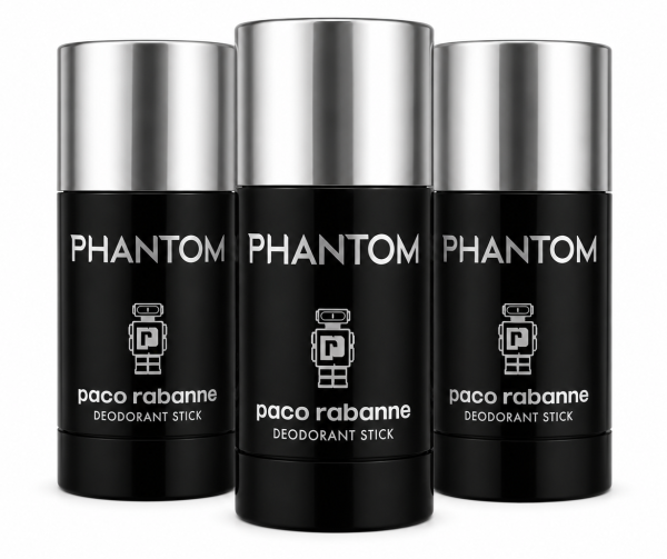 Three black Paco Rabanne Phantom deodorant sticks with silver caps are standing side by side against a white background.