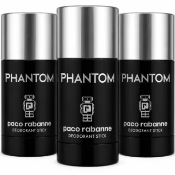 Three black Paco Rabanne Phantom deodorant sticks with silver caps are standing side by side against a white background.