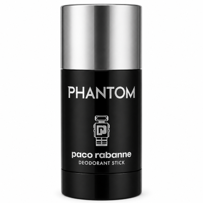 A black and silver stick of Paco Rabanne Phantom deodorant stands upright on a white background with product name and logo visible on the label.