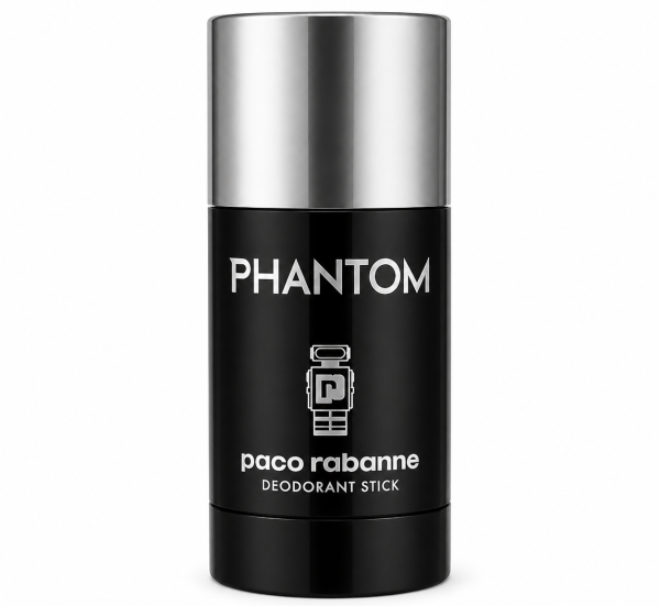 A black and silver stick of Paco Rabanne Phantom deodorant stands upright on a white background with product name and logo visible on the label. A black and silver stick of Paco Rabanne Phantom deodorant stands upright on a white background with product name and logo visible on the label.