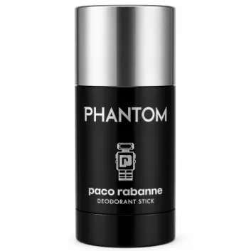 A black and silver stick of Paco Rabanne Phantom deodorant stands upright on a white background with product name and logo visible on the label.