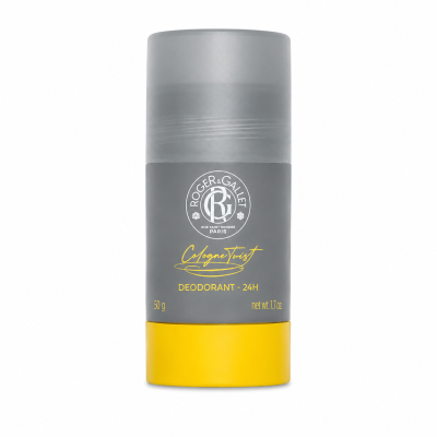 A pack of 3 Roger & Gallet Cologne Twist Deodorant Sticks, unisex, 50g each, with gray and yellow packaging featuring the white brand logo and text on the label.