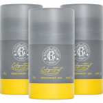 Three 50g Roger & Gallet Cologne Twist Deodorant Sticks for unisex use are displayed in gray and yellow packaging on a white background.
