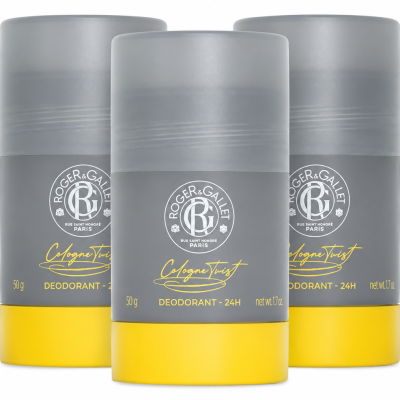 Three 50g Roger & Gallet Cologne Twist Deodorant Sticks for unisex use are displayed in gray and yellow packaging on a white background.