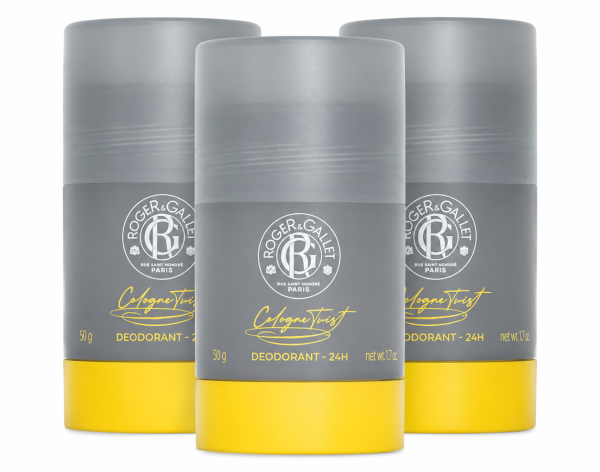 Three 50g Roger & Gallet Cologne Twist Deodorant Sticks for unisex use are displayed in gray and yellow packaging on a white background.