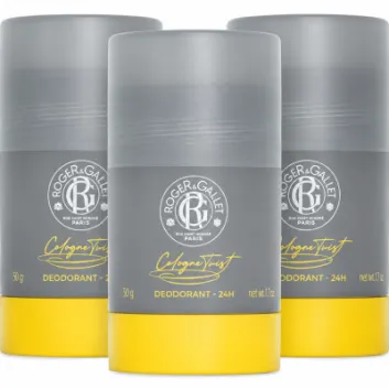 Three 50g Roger & Gallet Cologne Twist Deodorant Sticks for unisex use are displayed in gray and yellow packaging on a white background.