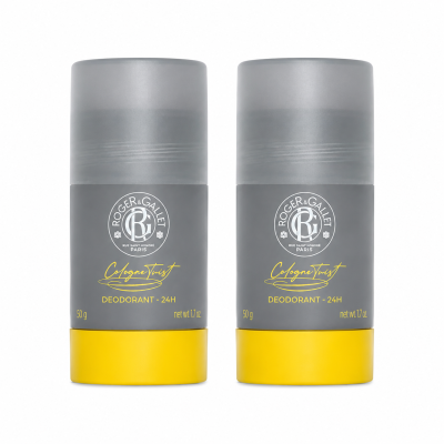 Three identical Roger & Gallet Cologne Twist unisex deodorant sticks, each 50g, with gray and yellow packaging, arranged side by side on a white background.