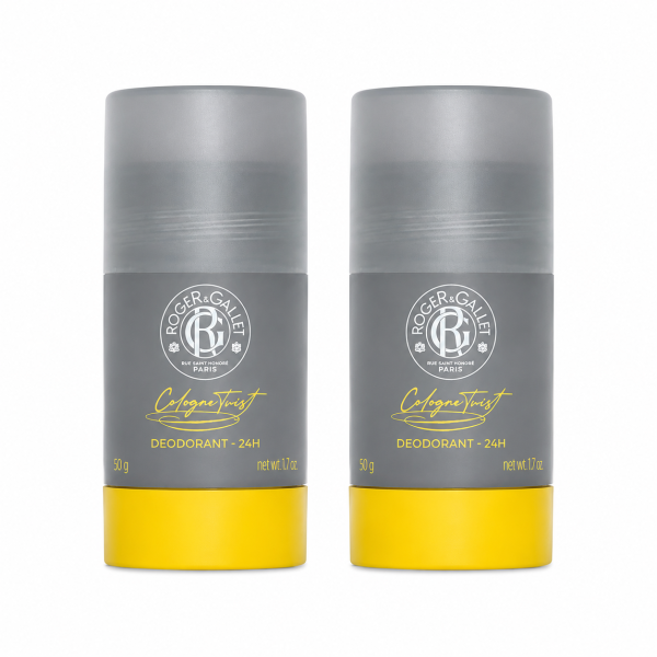 Three identical Roger & Gallet Cologne Twist unisex deodorant sticks, each 50g, with gray and yellow packaging, arranged side by side on a white background.