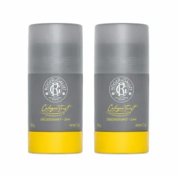 Three identical Roger & Gallet Cologne Twist unisex deodorant sticks, each 50g, with gray and yellow packaging, arranged side by side on a white background.