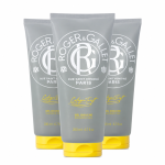 Three gray tubes of Roger & Gallet Cologne Twist Shower Gel (200ml each), unisex, with yellow caps and text, are shown against a white background.