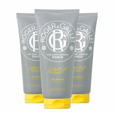 Three gray tubes of Roger & Gallet Cologne Twist Shower Gel (200ml each), unisex, with yellow caps and text, are shown against a white background.