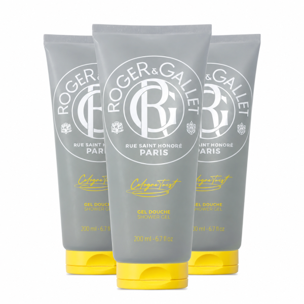 Three gray tubes of Roger & Gallet Cologne Twist Shower Gel (200ml each), unisex, with yellow caps and text, are shown against a white background. Three gray tubes of Roger & Gallet Cologne Twist Shower Gel (200ml each), unisex, with yellow caps and text, are shown against a white background.