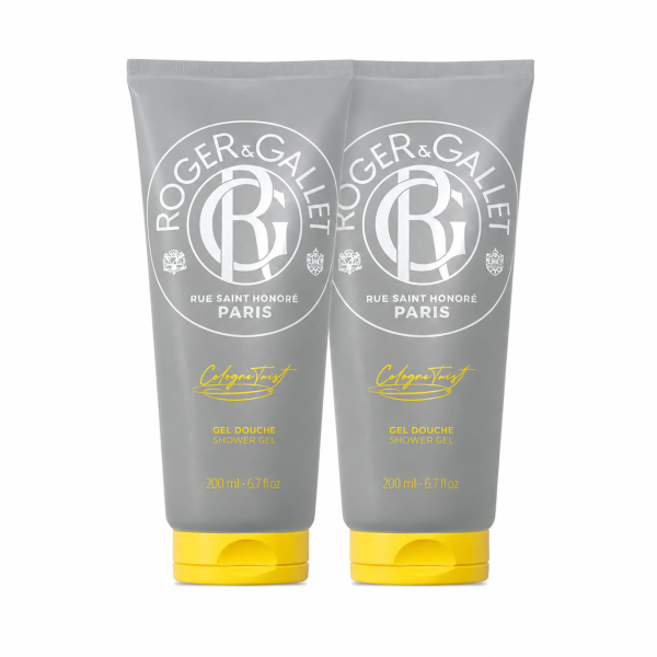 Three grey tubes of Roger & Gallet Cologne Twist Shower Gel, Unisex, 200ml each, with yellow caps, are standing upright side by side. Three grey tubes of Roger & Gallet Cologne Twist Shower Gel, Unisex, 200ml each, with yellow caps, are standing upright side by side.