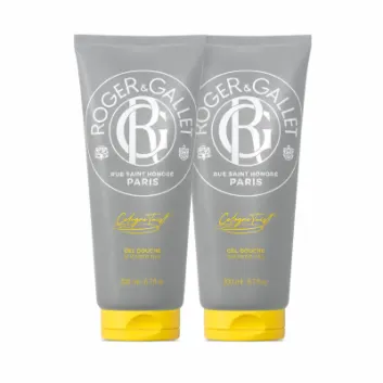 Three grey tubes of Roger & Gallet Cologne Twist Shower Gel, Unisex, 200ml each, with yellow caps, are standing upright side by side.