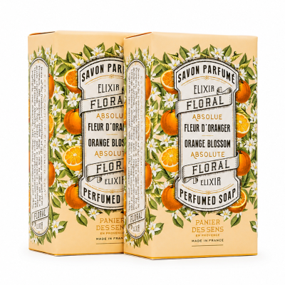Two boxes of Panier des Sens orange blossom floral perfumed soap with orange and floral illustrations on the packaging.