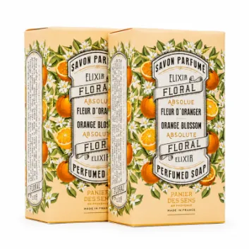 Two boxes of Panier des Sens orange blossom floral perfumed soap with orange and floral illustrations on the packaging.