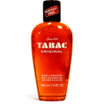A bottle of Tabac Original bath and shower gel, 400 ml size, with orange liquid and black cap labeled “Vorteils-Preg.”.