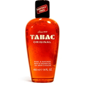 A bottle of Tabac Original bath and shower gel, 400 ml size, with orange liquid and black cap labeled “Vorteils-Preg.”.