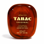 A brown bar of Tabac Original luxury soap, 100g (3.5 oz.), with gold lettering and product information on the front.