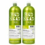 Two green bottles of Bed Head by TIGI Urban Antidotes Re-Energize, one conditioner and one shampoo, each containing 25.36 fl oz (750 ml).