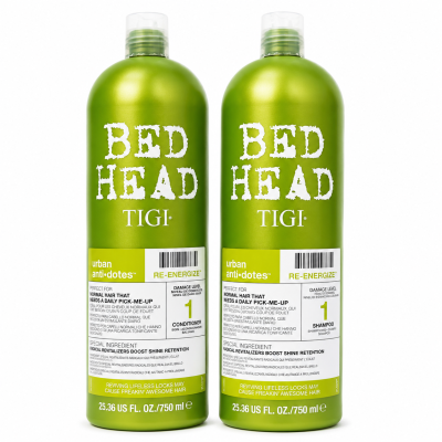 Two green bottles of Bed Head by TIGI Urban Antidotes Re-Energize, one conditioner and one shampoo, each containing 25.36 fl oz (750 ml).