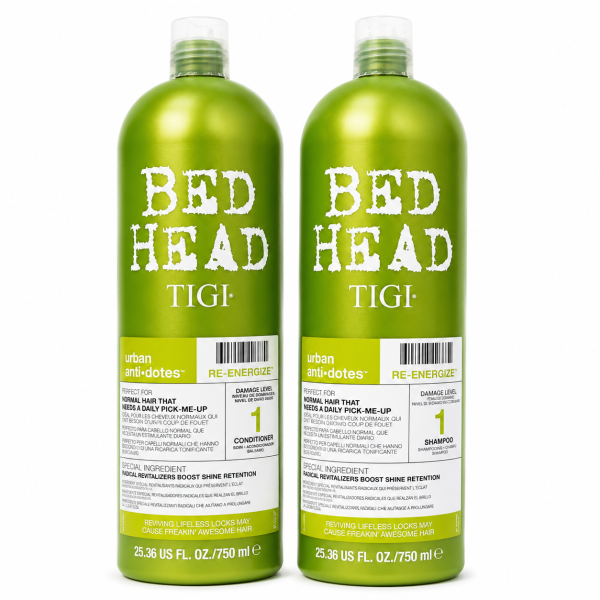 Two green bottles of Bed Head by TIGI Urban Antidotes Re-Energize, one conditioner and one shampoo, each containing 25.36 fl oz (750 ml).